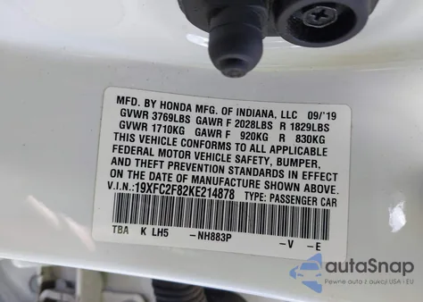 2019 Honda Civic Sport from USA, damaged, VIN 19XFC2F82KE214878